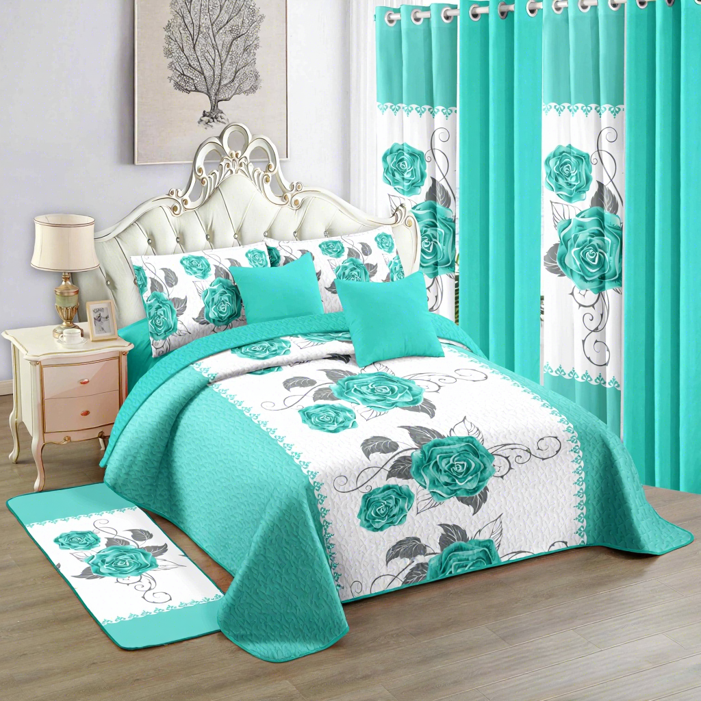 12 Pieces in 1 Set Bedspread with Curtain and Bathroom Set king Size