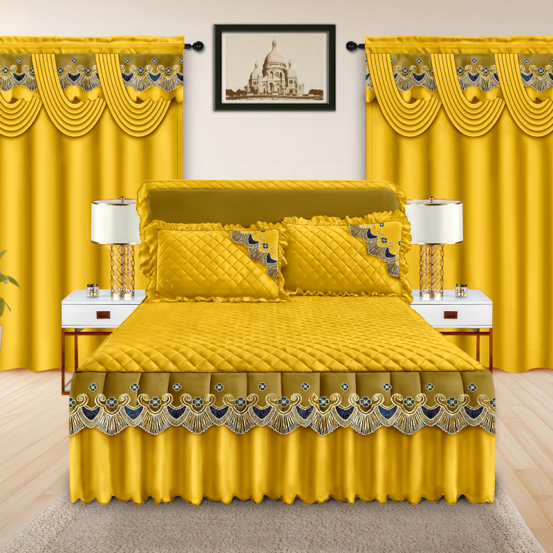5 Pieces Bed Skirt with Curtains Set