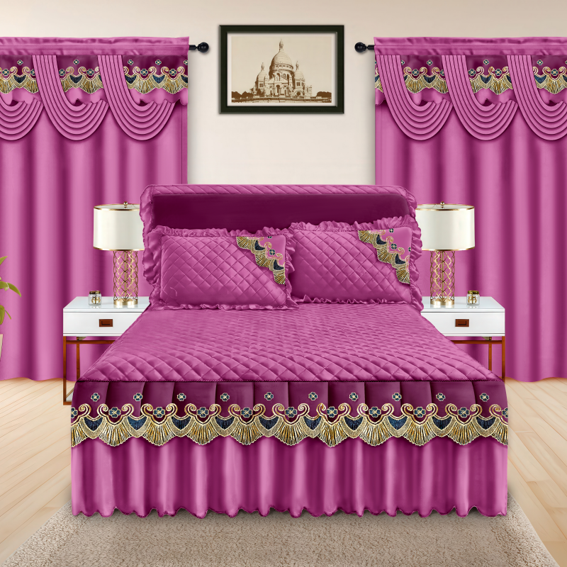 5 Pieces Bed Skirt with Curtains Set