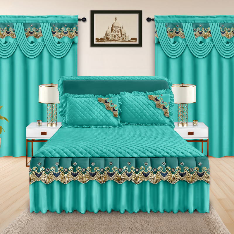 5 Pieces Bed Skirt with Curtains Set