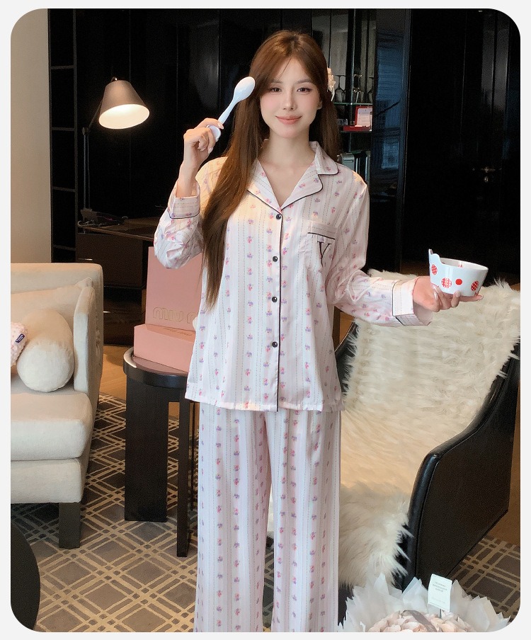 Spring/Fall New Arrivals: Women's Floral Print Ice Silk Lightweight Pajama Set with Long Sleeves and Pants Soft Silk Homewear
