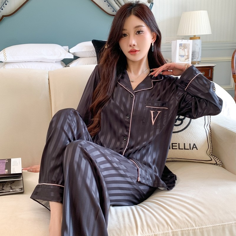 Spring/Fall Korean Style Women's Comfortable Silk-Smooth Ice Silk Pajamas Long-Sleeve Jacquard Silk Set New Arrival Homewear