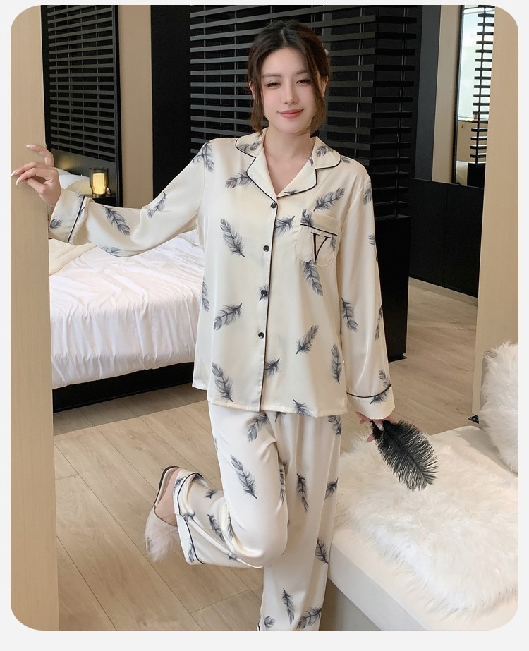 Spring/Autumn Women's Water-Gloss Silk Comfortable Silk-Smooth Anti-Static Cooling Loose-Fit Long-Sleeve Loungewear Set Pajamas for Women