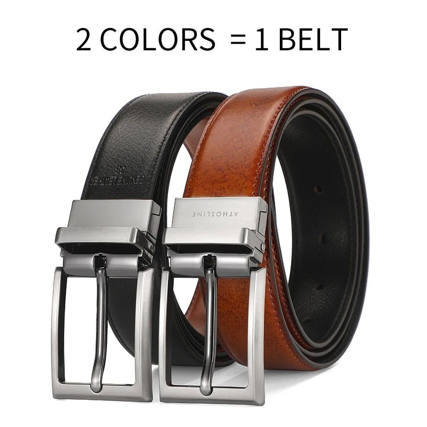 Men's Leather Belt Reversible Buckle Casual Dress Waistband Accessories for Gentlemen,Plus Size 110-130cm, 35mm,Light Brown+Black