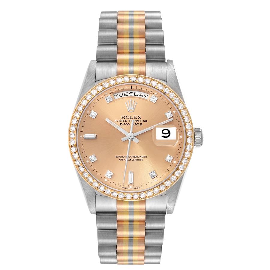 Replica Rolex President Day-Date Tridor White Yellow Rose Gold Diamond Mens Watch 18349