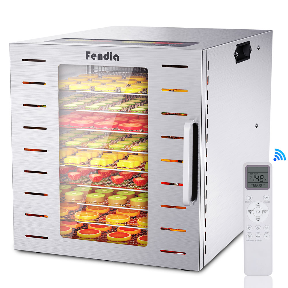 Dry food dehydrator, 9 stainless steel large trays, 800W fruit dehydrator with remote control, 24-hour timer and 220 degree Fahrenheit temperature control, suitable for drying, herbs, fruits, and dog snacks