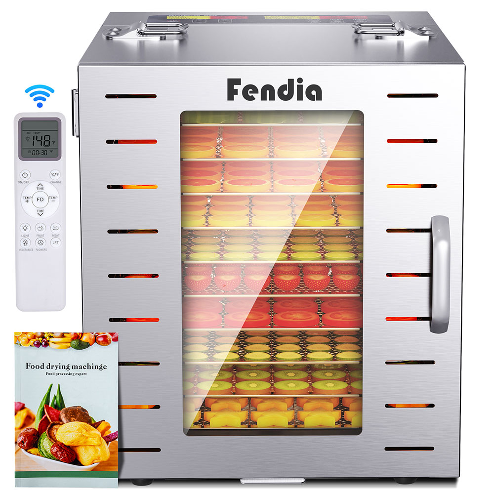 Dry food dehydrator, remote control, large 10 stainless steel trays, 1000W fruit dehydrator, 24-hour timer and 220 Fahrenheit temperature control, overheating protection, dried fruits, dog snacks