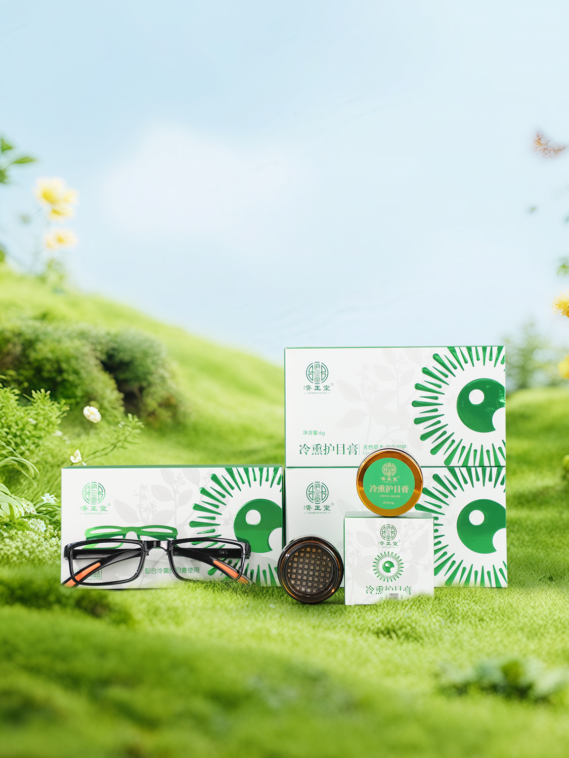 Jizheng Tang Chinese Herbal Eye Care Cold Fumigation Ointment 1 Set (6g*4 boxes) with free eyeglass frame