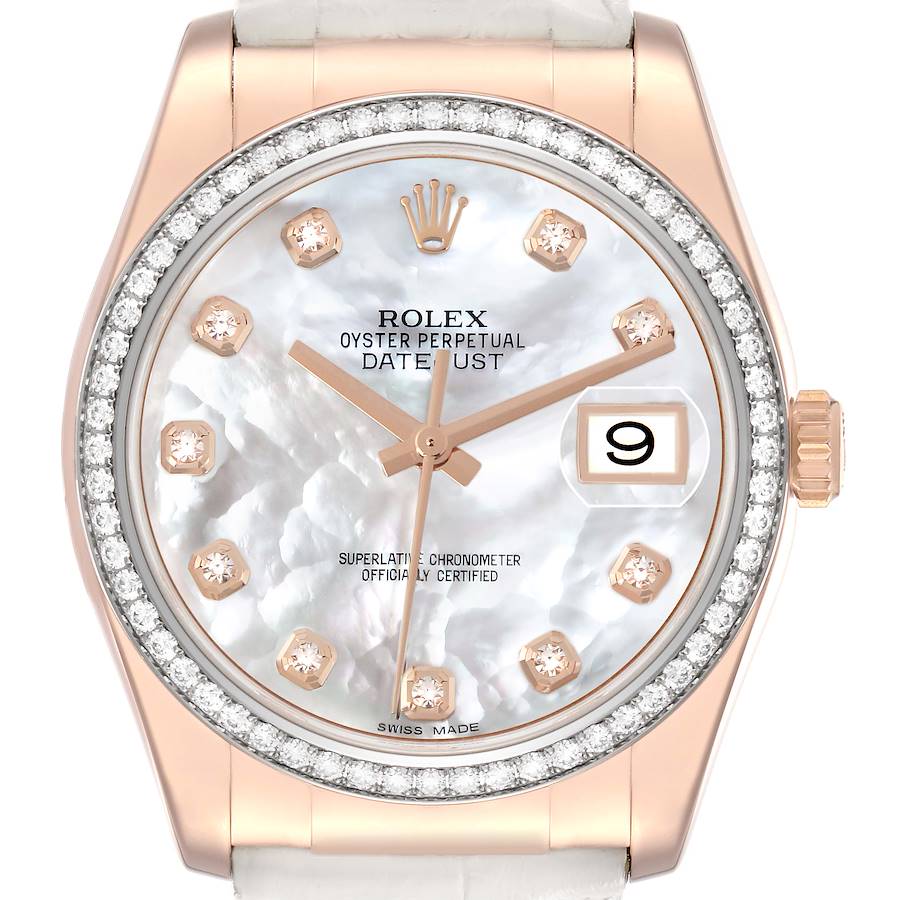 Replica Rolex Datejust Rose Gold Mother of Pearl Diamond Mens Watch 116185