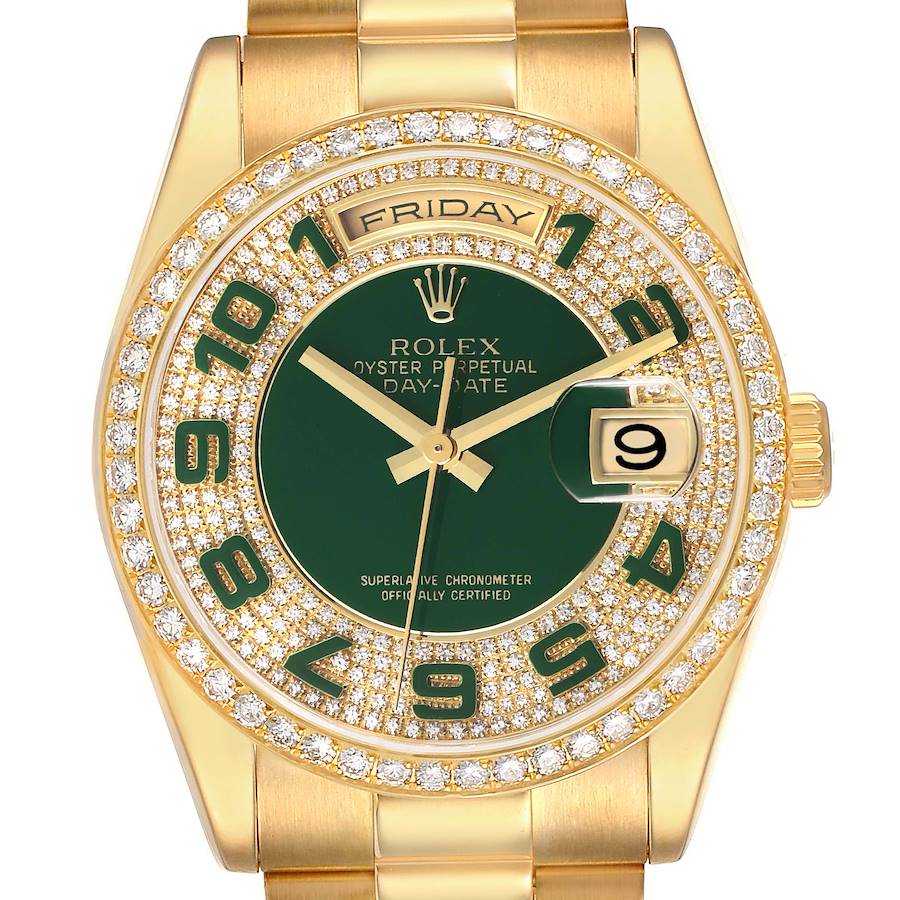 Replica Rolex President Day Date Yellow Gold Green Diamond Dial Mens Watch 118348