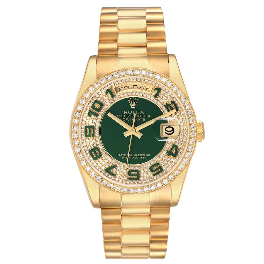 Replica Rolex President Day Date Yellow Gold Green Diamond Dial Mens Watch 118348