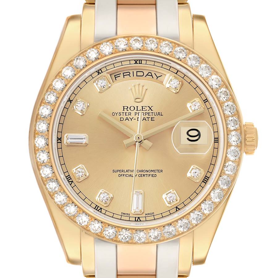 Replica Rolex Day-Date Masterpiece White Yellow Rose Gold Diamond Watch 18948 Box Card