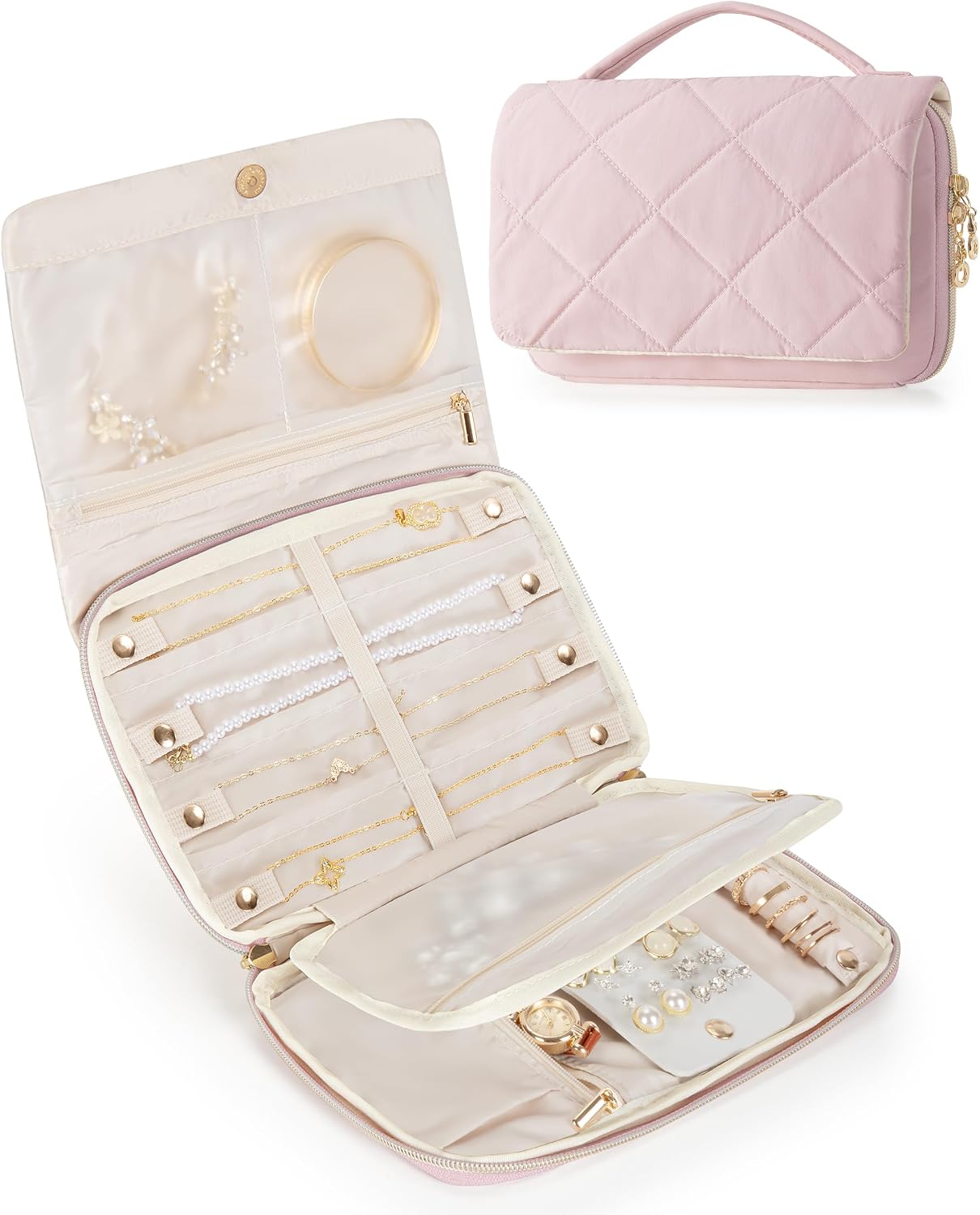 Travel Jewelry Organizer Case, Foldable Jewelry Bag, Pink