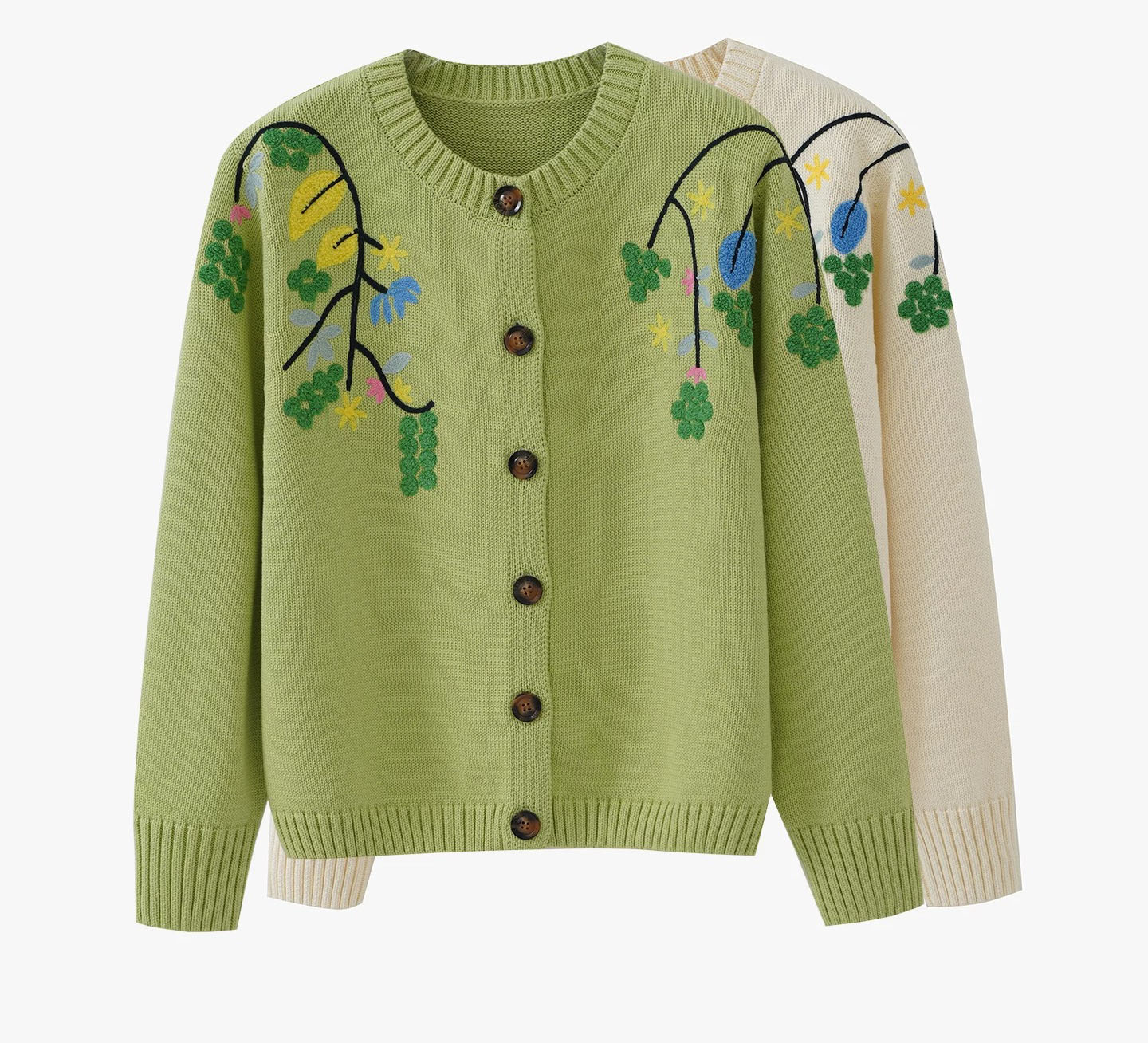 Heavy-duty 3D embroidered 100% cotton round neck knit sweater, women's coat, autumn and winter outerwear cardigan