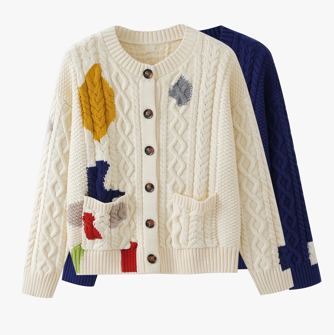 100% Cotton Jacquard Crew Neck Knit Cardigan Sweater