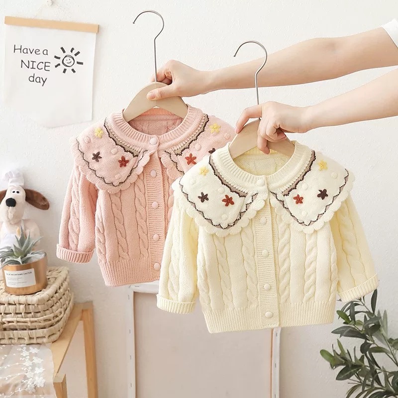 Sweet Spring and Autumn Knitted Cardigan Embroidered Sweater for Girls