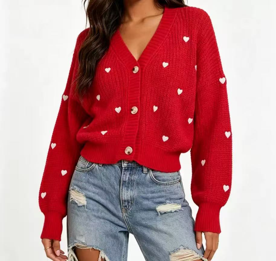 Cross-Border European & American Style: Women's Heart-Jacquard Knitted Cardigan — 2026 Autumn/Winter New Arrival, Stylish V-Neck, Versatile Outerwear 
