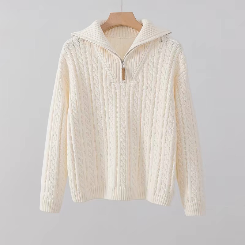 100% Pure Cotton Knitted Cardigan – Women's Autumn/Winter Outerwear – Thick, Zip-Up High-Neck Sweater – Loose-Fit Top & Base Layer