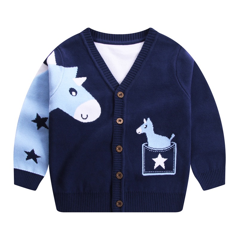 Autumn/Winter Style Children's Double-Layer Jacquard V-Neck Sweater Cardigan for Boys and Babies - Cute Cartoon Knitted Cardigan