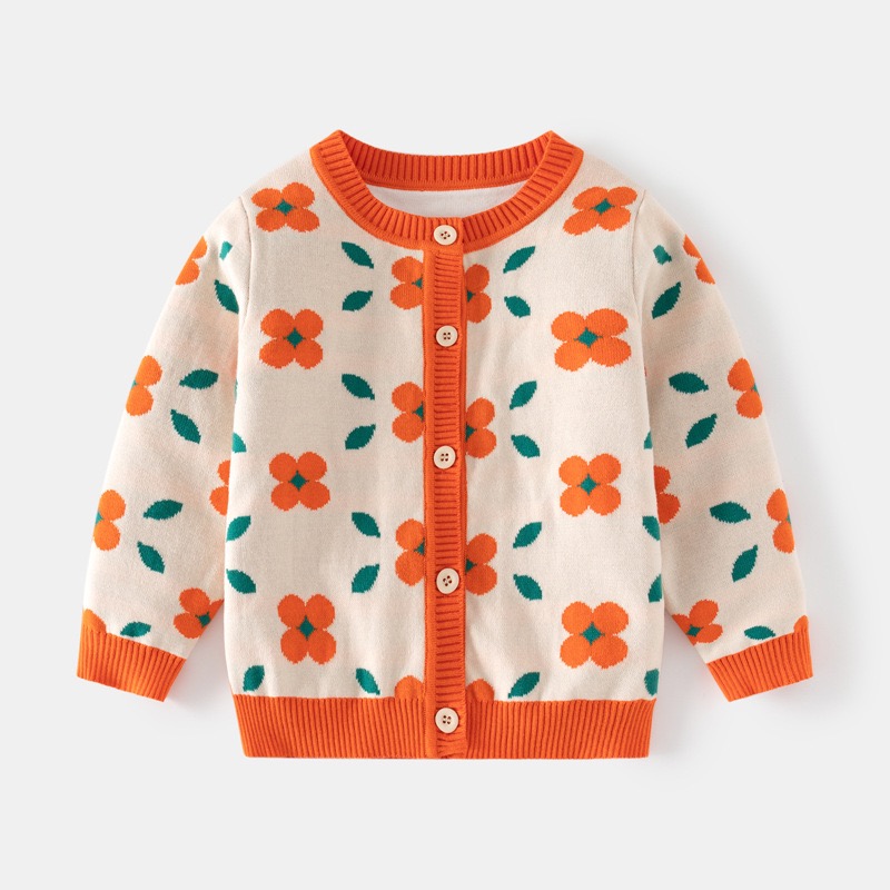 Girls' round neck knitted cardigan sweater with floral pattern, double layered cotton yarn, for toddlers and preschoolers.