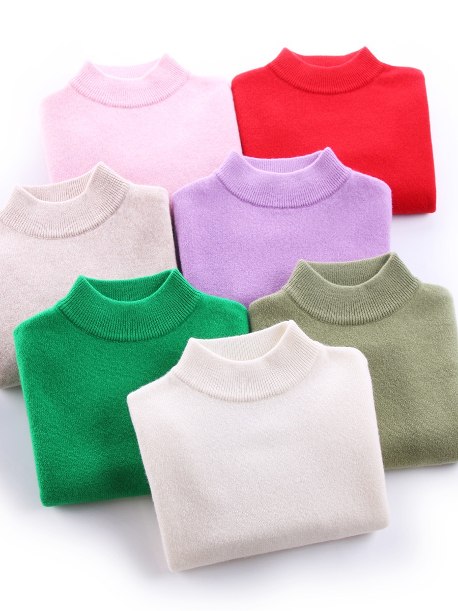 100% Pure Wool Children's Sweater for Autumn and Winter - Boys and Girls, High Neck, Warm, Solid Color, Base Layer, Wool Sweater for Medium and Large Children