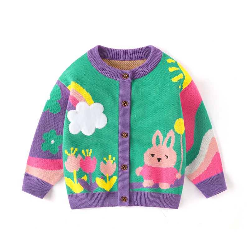 Girls' Autumn Sweater,  Floral Rainbow Rabbit Cardigan, Sweet Cotton Warm Jacket, New Autumn Style