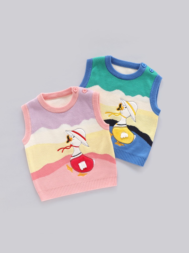 Children's knitted vest, thickened, autumn and winter, girls' color-blocked duck round neck vest, belly protector children's sweater