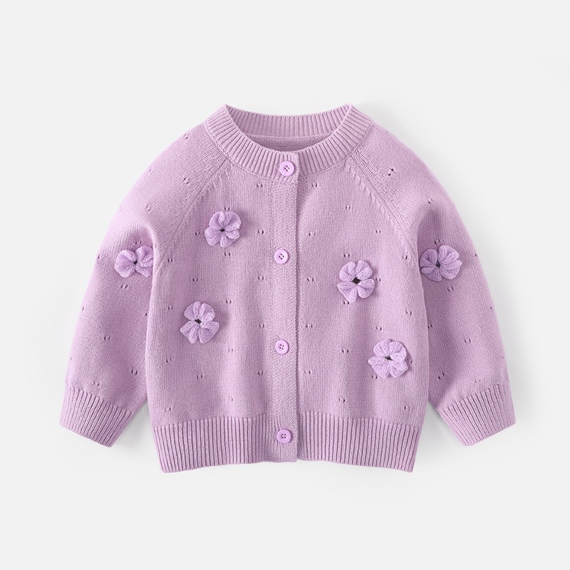 Girls' Cardigan with Princess-Style 3D Floral Round Neck Knit Sweater, Solid Color Cotton Jacket, Girl's Grade A Sweater
