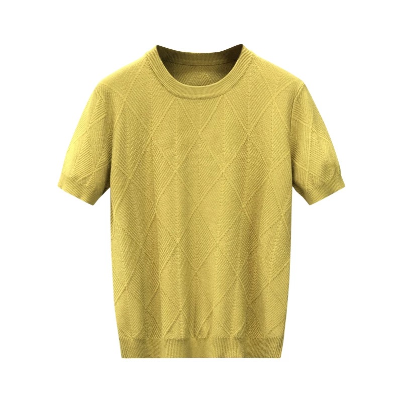 Diamond Pattern Ice Silk Thin Knit T-Shirt Men's High-End Short-Sleeve Sweater Men's Summer Base Layer