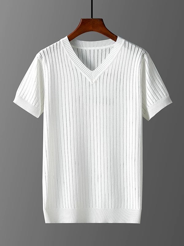 Ice silk hollowed-out short-sleeved V-neck knit top, new summer solid color, casual, versatile, thin, short-sleeved top.