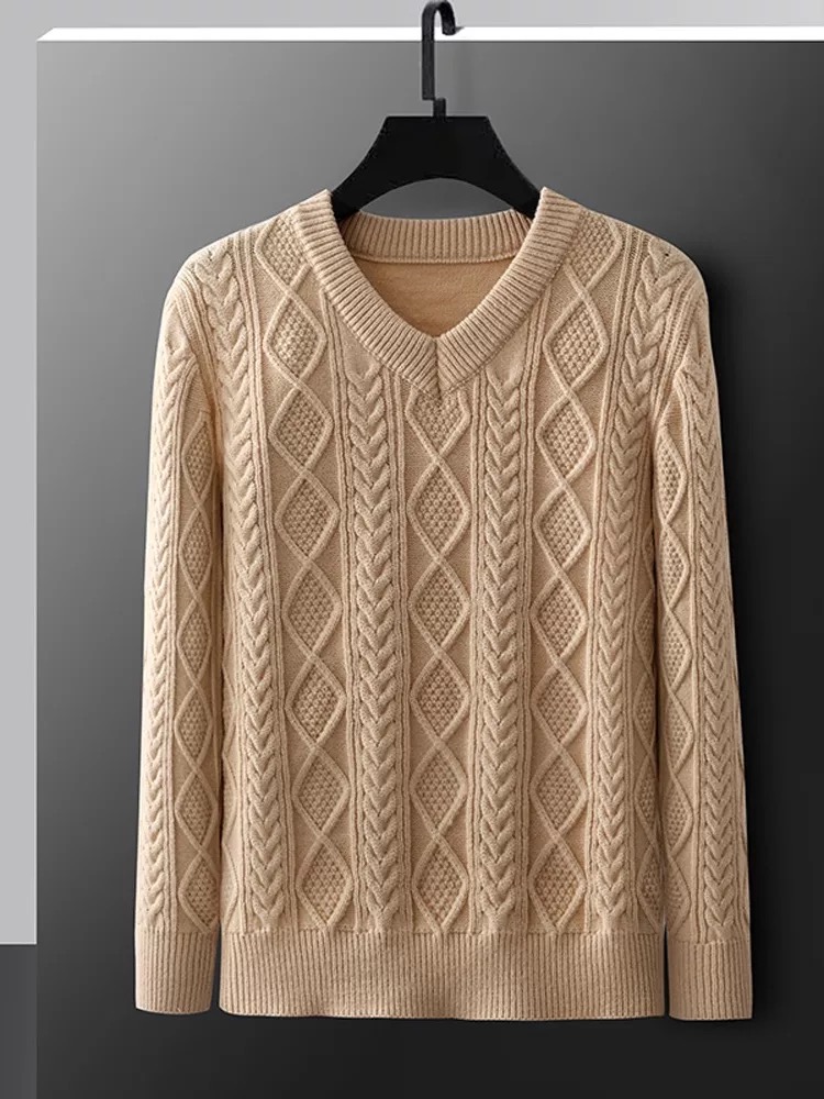 New autumn/winter high-end men's thick knit sweater, plus size cable knit warm base layer V-neck solid color sweater