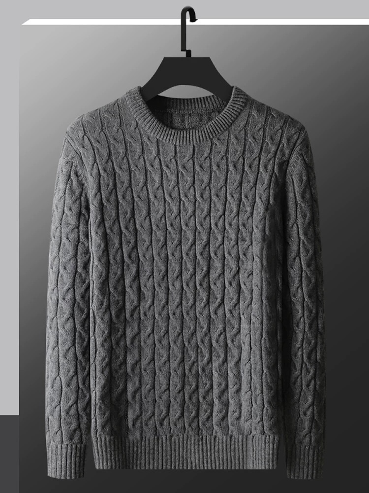 Men's Autumn/Winter Middle-Aged Thick Cable Knit Warm Sweater Plus Size 200 lbs Base Layer Round Neck Retro Knitwear