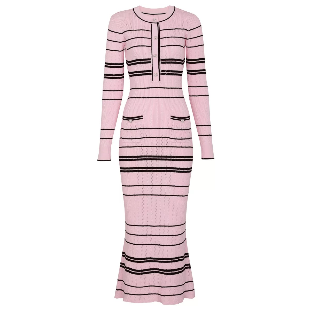 Women's 2026 Spring New Knitted Waist-cinching Striped Long-sleeved Fishtail Dress