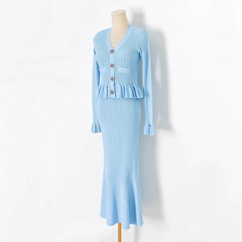 New arrival! Elegant and sophisticated fishtail faux two-piece dress with a Chanel-inspired knitwear style and ruffled details.