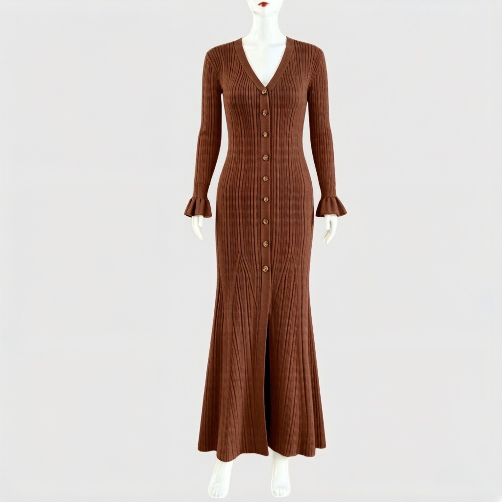 Women's Solid Color Metal Buckle Long Dress Elegant Slim Fit Knit Dress V-neck Long Sleeve A-line Dress