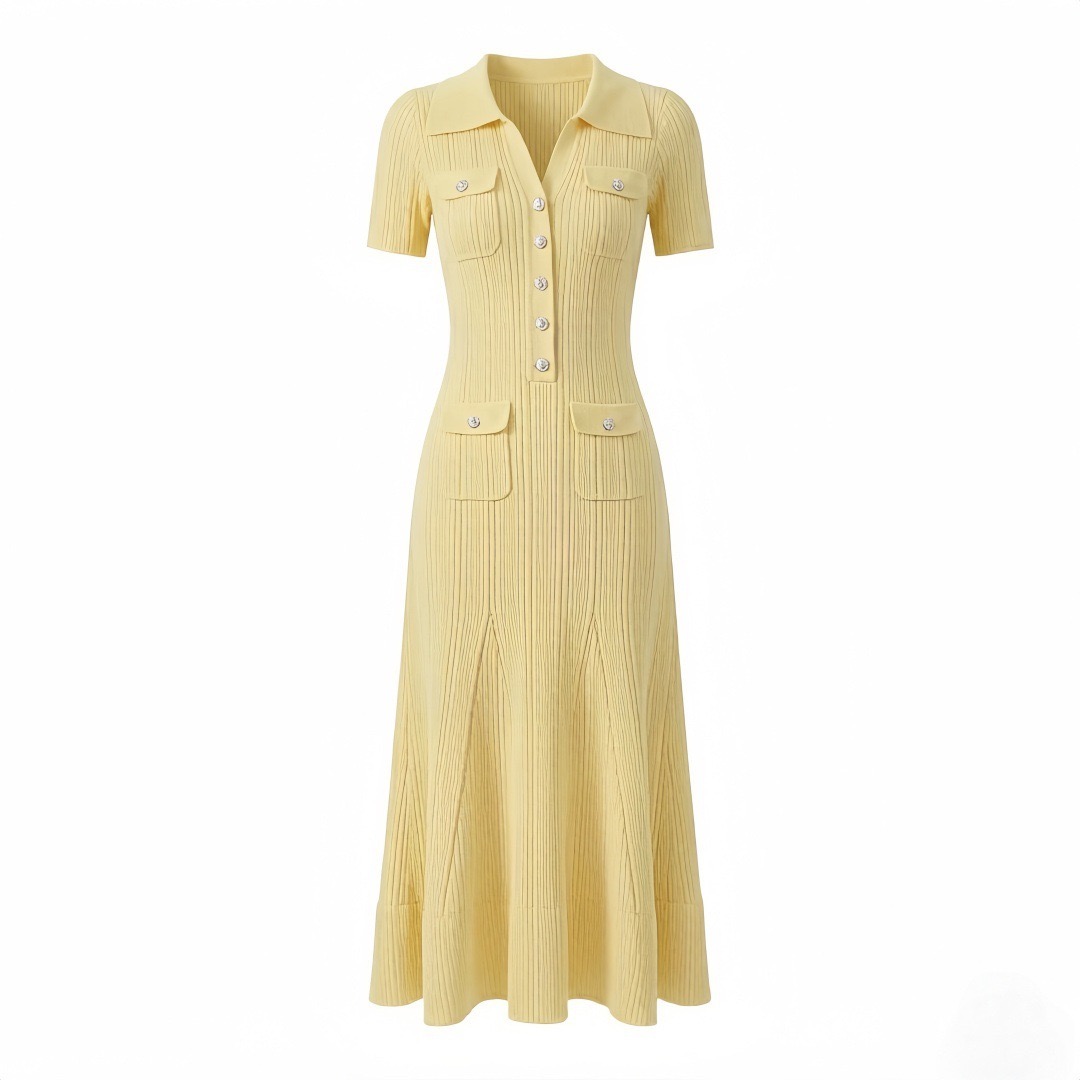 Collared short-sleeved ribbed knit long dress - perfect for summer commuting, vacations, and everyday wear.