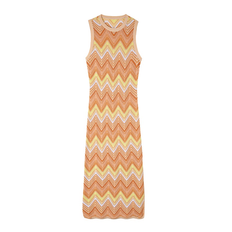 Sophisticated French-style elegant lady-like round neck sleeveless wavy striped midi knit dress for spring and summer