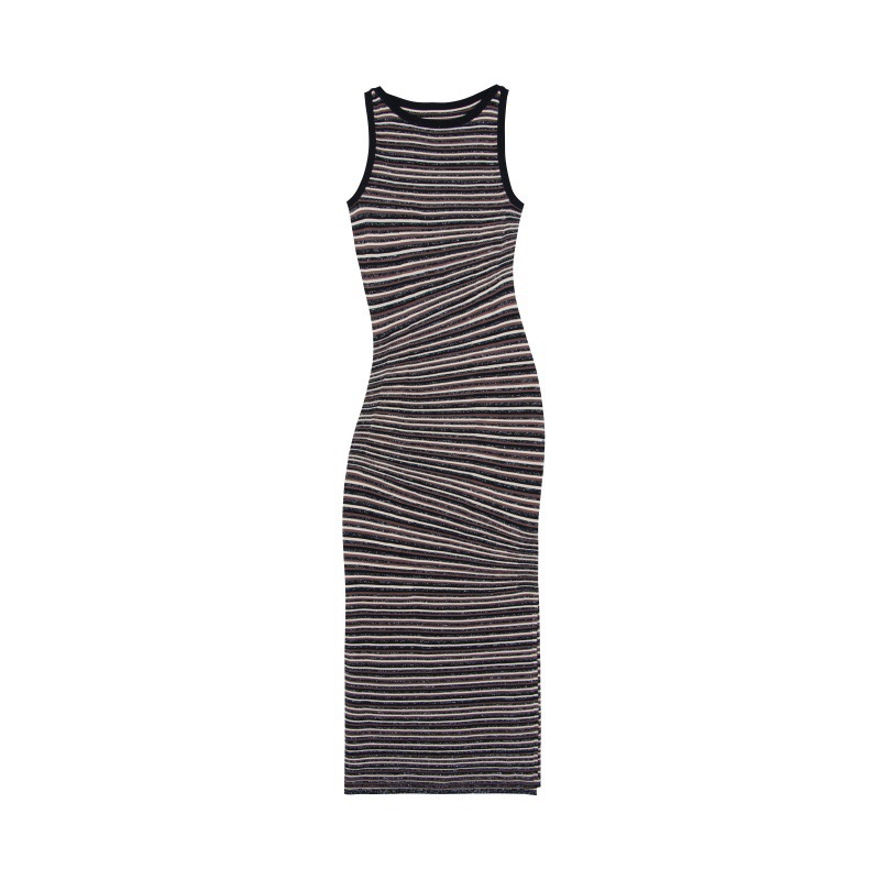 Elegant and ladylike round neck sleeveless A-line striped midi knitted dress for spring and summer