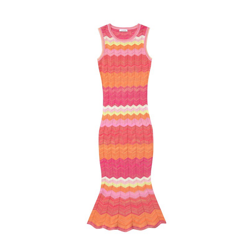 Elegant Spring/Summer Round Neck Sleeveless Wavy Striped Midi Knitted Fishtail Dress