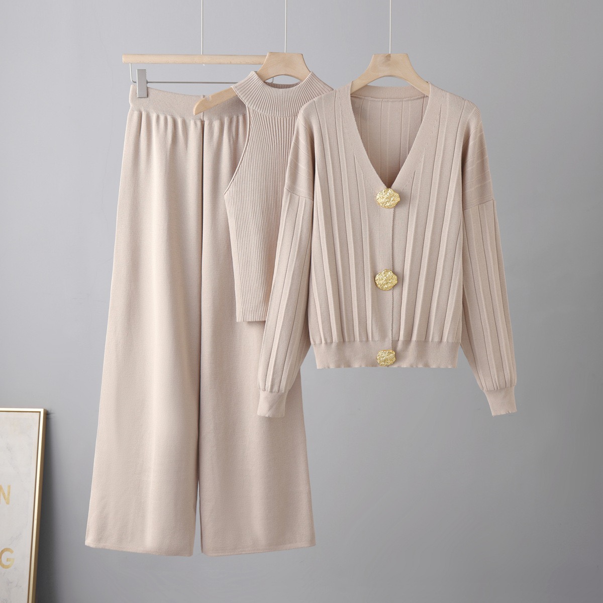 Stylish Autumn/Winter Three-Piece Set: Cardigan with Copper Buttons, Vest, and Casual Pants