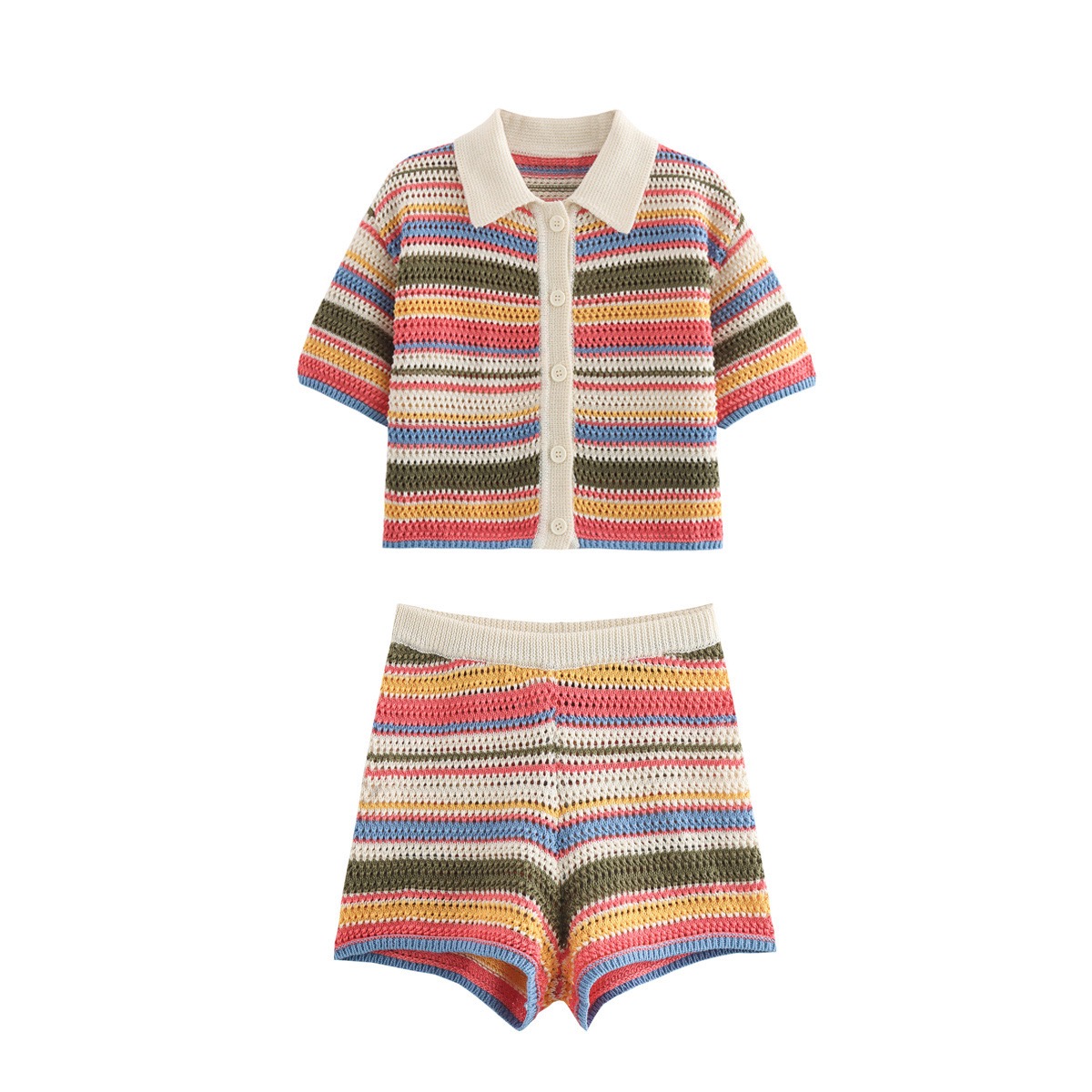 Autumn New Striped Short-Sleeve Collared Knit Cardigan Top, Casual High-Waisted Shorts Striped Knit Set