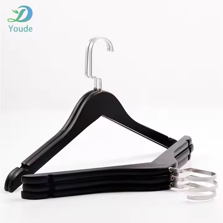 Black Color Shirt Hanger Clothes Shop Hangers Without Bar Customized Logo Solid Wood Clothes Hanger