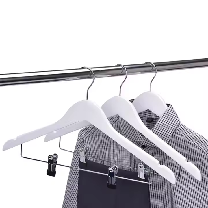 Modern White Wooden Clothes Hanger With Clips Home Guest Room Non-slip Solid Wood Hanger
