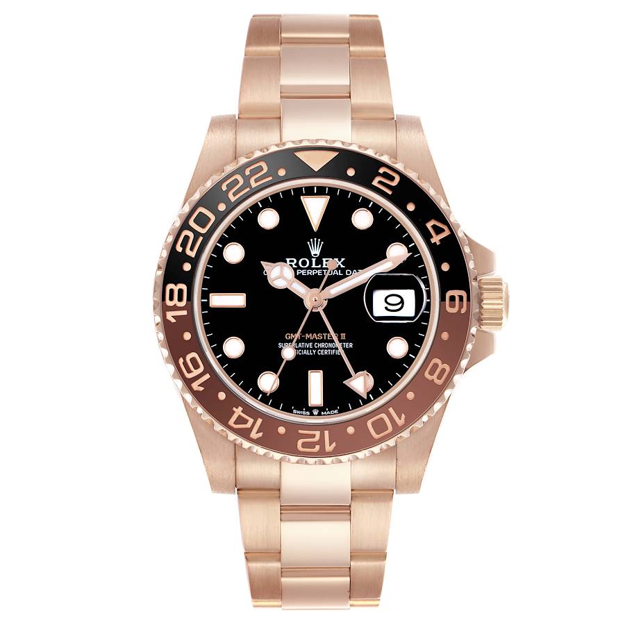 Replica Rolex GMT Master II Black Brown Root Beer Rose Gold Mens Watch 126715