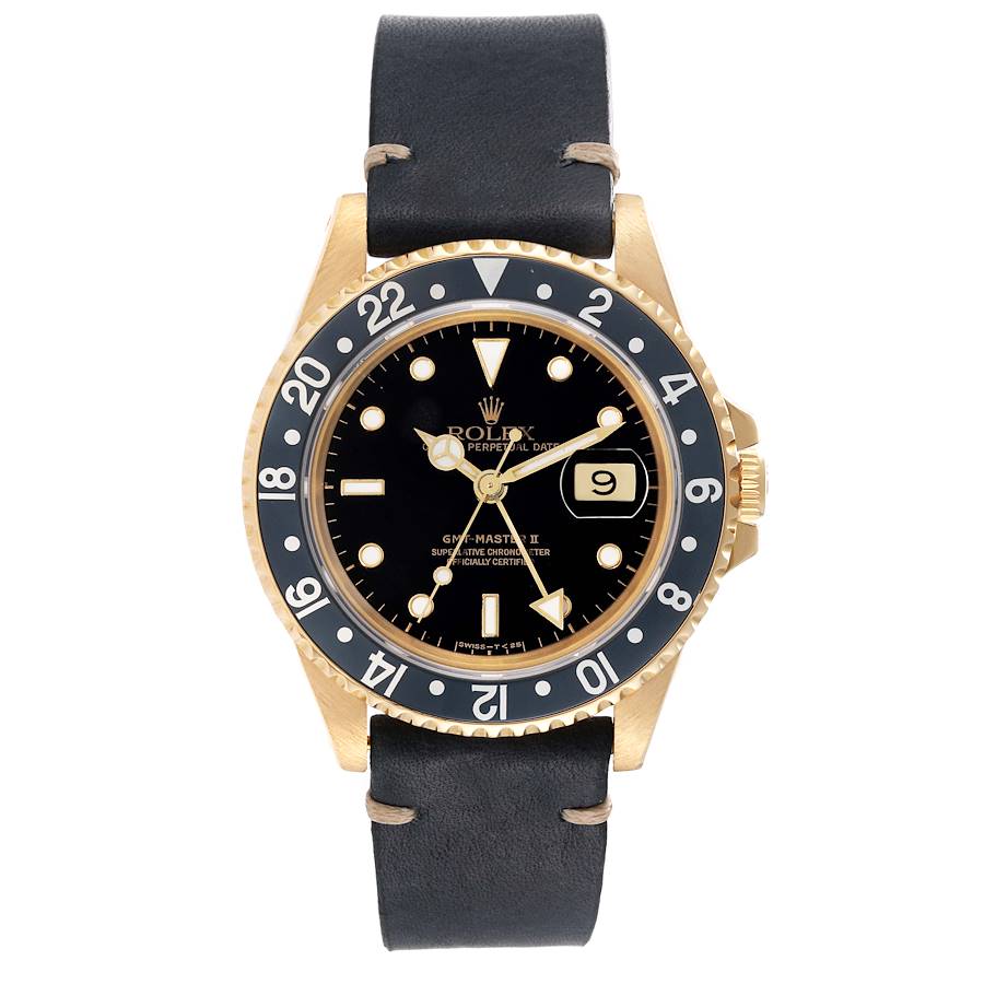 Replica Rolex GMT Master II 18K Yellow Gold Black Dial Mens Watch 16718