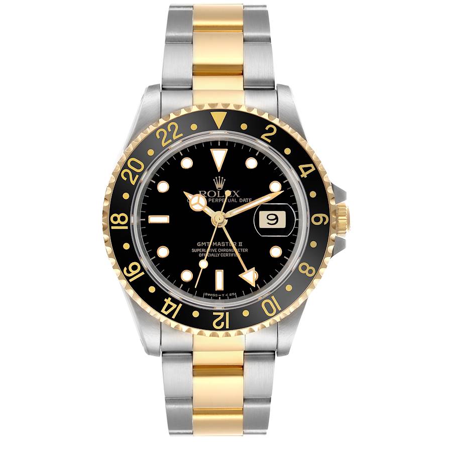 Replica Rolex GMT Master II Steel Yellow Gold Black Dial Mens Watch 16713