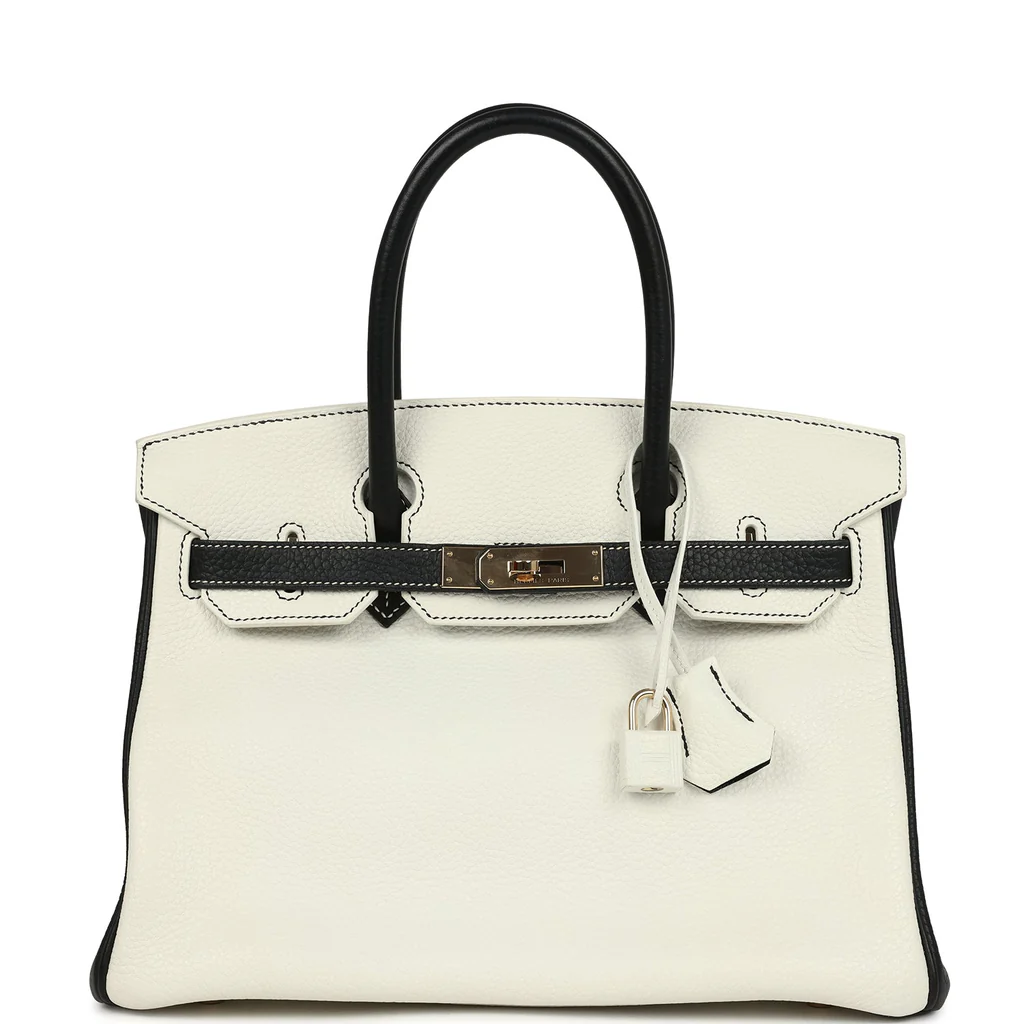 Replica Hermes Special Order Birkin 30 White and Black Clemence Permabrass Hardware