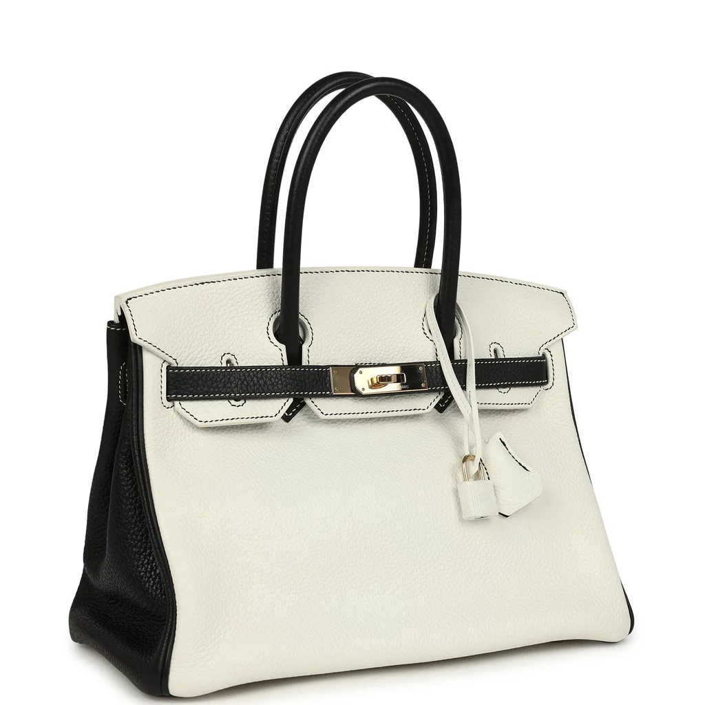 Replica Hermes Special Order Birkin 30 White and Black Clemence Permabrass Hardware