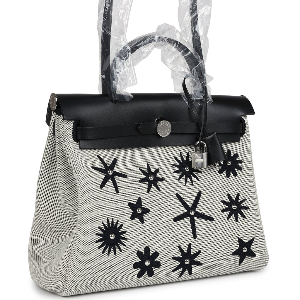 Replica Hermes Herbag Zip 31 PM Hobnailed Black and Ecru Printed H Plume Canvas and Vache Hunter Palladium Hardware