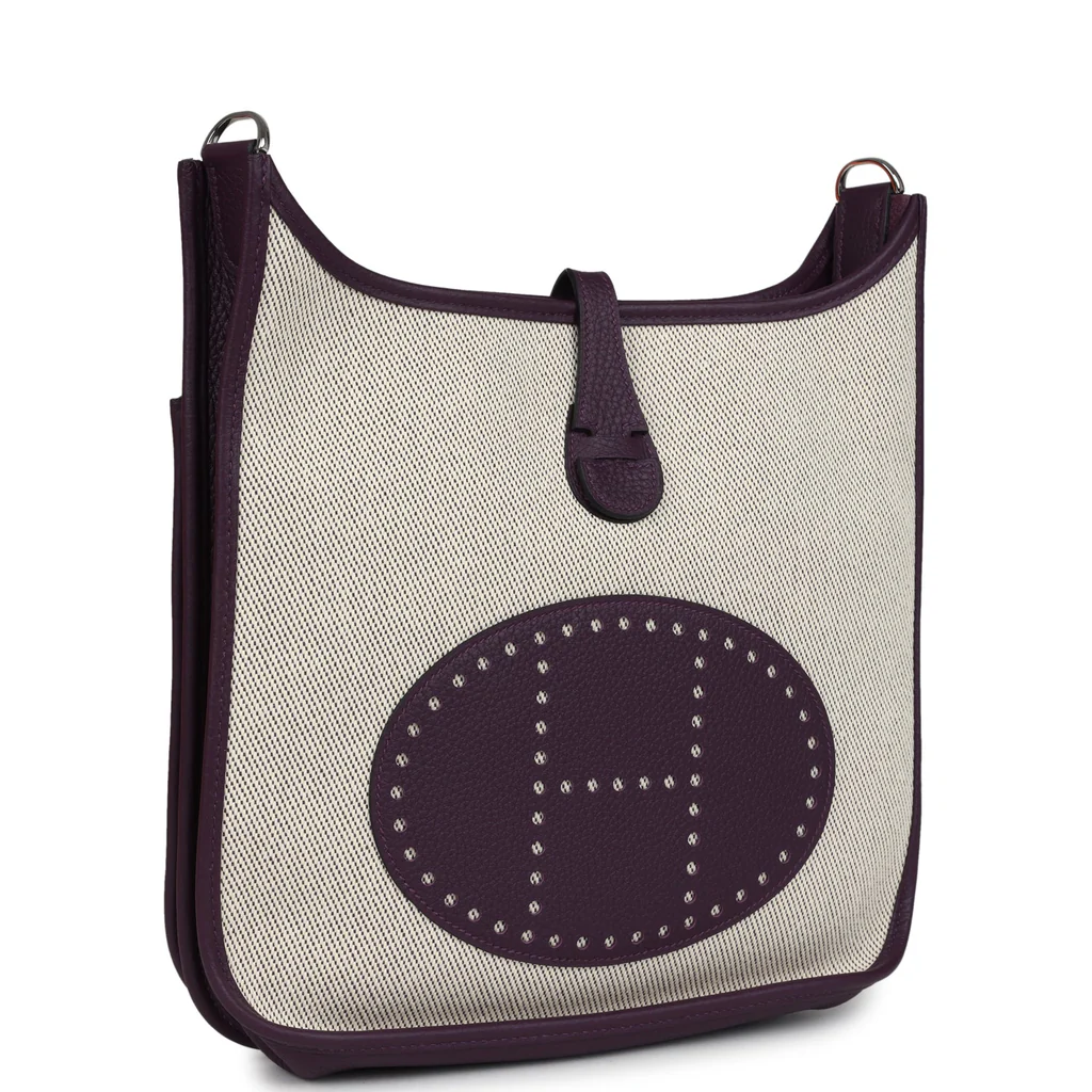 Hermes Evelyne III PM Cassis Clemence and Ecru Toile H Palladium Hardware